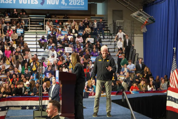 Gov. Phil Murphy (D-NJ) takes the state with his wife, First Lady Tammy Murphy, at the Essex County College gymnasium on Saturday, Nov. 1, 2025 in Newark, New Jersey, for a rally featuring former President Barack Obama. The rally was for Rep. Mikie Sherrill (D-NJ), the Democratic candidate in the 2025 gubernatorial election. (Sydney Topf/Washington Examiner)