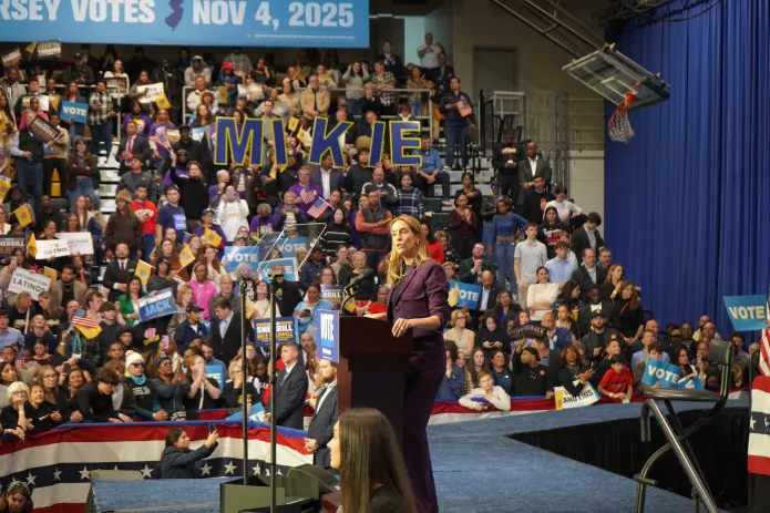Rep. Mikie Sherrill (D-NJ) speaks to supporters the Essex County College gymnasium on Saturday, Nov. 1, 2025 in Newark, New Jersey. Sherrill is the Democratic candidate in the 2025 gubernatorial election. (Sydney Topf/Washington Examiner)