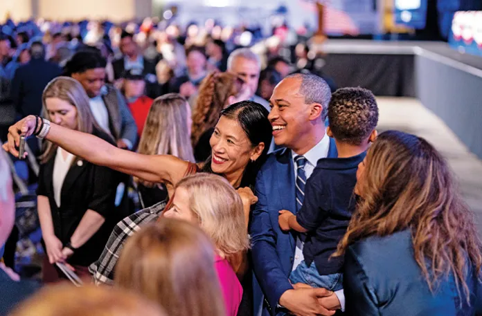 A partygoer takes a selfie with Jay Jones, Virginia’s Democratic attorney general nominee, on election night in Richmond, Nov. 4, 2025. (Al Drago / Bloomberg / Getty Images)