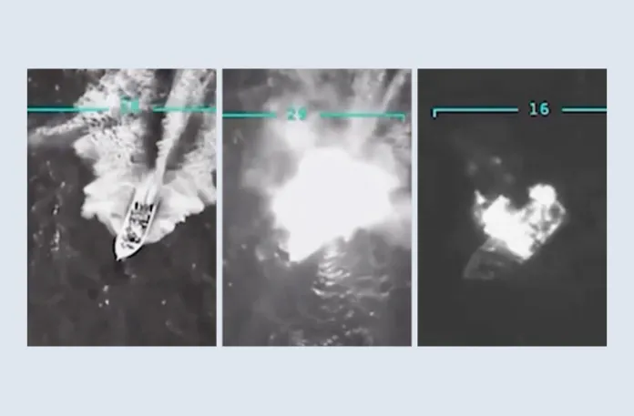 Declassified and released by President Donald Trump, the video from which these frames were taken shows a Sept. 2, 2025, attack by U.S. forces in the Caribbean on ‘a drug vessel which had departed from Venezuela,’ according to Secretary of State Marco Rubio. At left, the vessel travels at a high speed; at center, it is struck; and at right, it burns as it sinks. Trump said the 11 people aboard who were killed died in ‘international waters.’