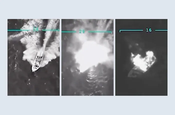 Declassified and released by President Donald Trump, the video from which these frames were taken shows a Sept. 2, 2025, attack by U.S. forces in the Caribbean on ‘a drug vessel which had departed from Venezuela,’ according to Secretary of State Marco Rubio. At left, the vessel travels at a high speed; at center, it is struck; and at right, it burns as it sinks. Trump said the 11 people aboard who were killed died in ‘international waters.’