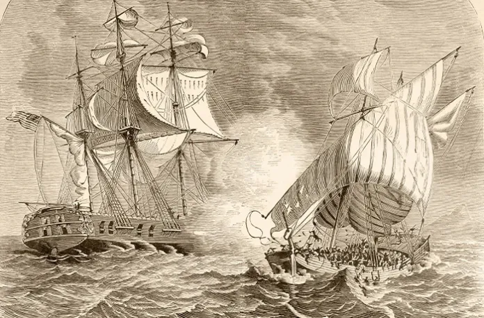An engraving of an American naval vessel, left, capturing an Algerian pirate ship off the Barbary Coast during the First Barbary War, 1801-1805. (Universal History Archive / Getty Images)