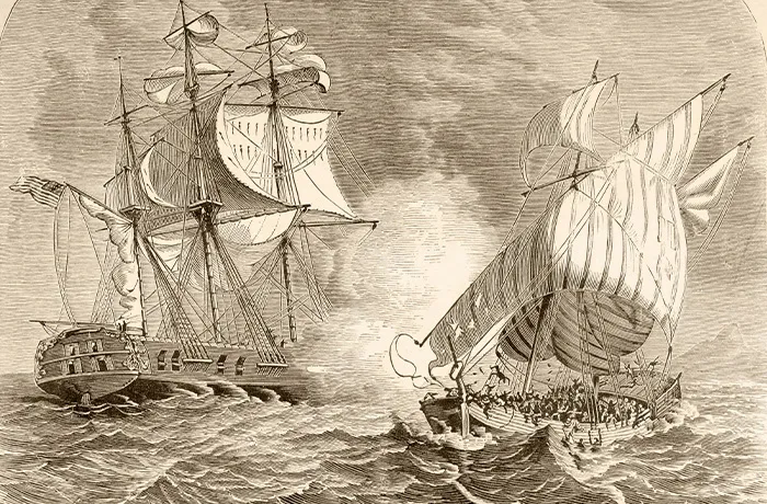 An engraving of an American naval vessel, left, capturing an Algerian pirate ship off the Barbary Coast during the First Barbary War, 1801-1805. (Universal History Archive / Getty Images)