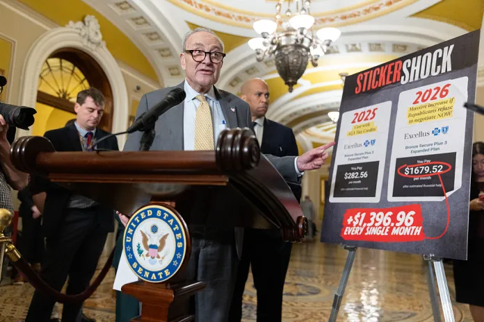 Senate Minority Leader Chuck Schumer (D-NY) speaks at a press conference with other members of Senate Democratic leadership following a policy luncheon at the U.S. Capitol in Washington, DC on October 15, 2025. (Photo by Nathan Posner/Anadolu via Getty Images)