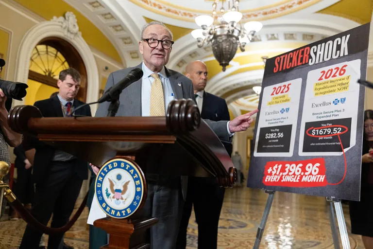 Senate Minority Leader Chuck Schumer (D-NY) speaks at a press conference with other members of Senate Democratic leadership following a policy luncheon at the U.S. Capitol in Washington, DC on October 15, 2025. (Photo by Nathan Posner/Anadolu via Getty Images)