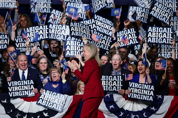 RICHMOND, VIRGINIA - NOVEMBER 04: Virginia Democratic gubernatorial candidate, former Rep. Abigail Spanberger Abigail Spanberger arrives on stage to deliver remarks at her election night watch party at the Greater Richmond Convention Center on November 04, 2025 in Richmond, Virginia. Spanberger defeated Republican gubernatorial candidate Lieutenant Gov. Winsome Earle-Sears to become the first female governor in the commonwealth’s history in an election that was seen as a national political bellwether leading into the midterms. (Photo by Alex Wong/Getty Images)