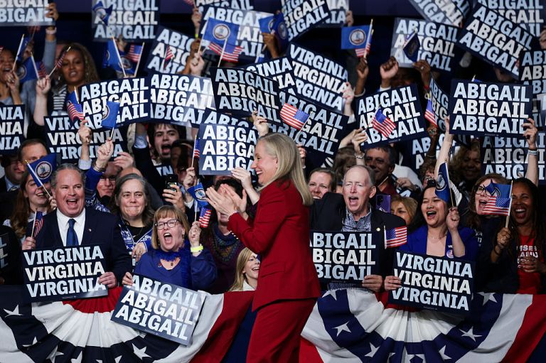 Virginia Democratic gubernatorial candidate, former Rep. Abigail Spanberger Abigail Spanberger arrives on stage to deliver remarks at her election night watch party at the Greater Richmond Convention Center on November 04, 2025 in Richmond, Virginia. Spanberger defeated Republican gubernatorial candidate Lieutenant Gov. Winsome Earle-Sears to become the first female governor in the commonwealth’s history in an election that was seen as a national political bellwether leading into the midterms. (Photo by Alex Wong/Getty Images)