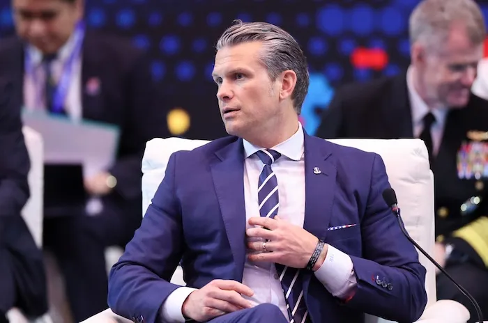 Pete Hegseth attends the Association of Southeast Asian Nations (ASEAN)-United States Defence Ministers' High Tea, as part of the ASEAN Defense Ministers' meeting, in Kuala Lumpur, Malaysia, Saturday, Nov. 1, 2025. (Hasnoor Hussainl/Pool Photo via AP)