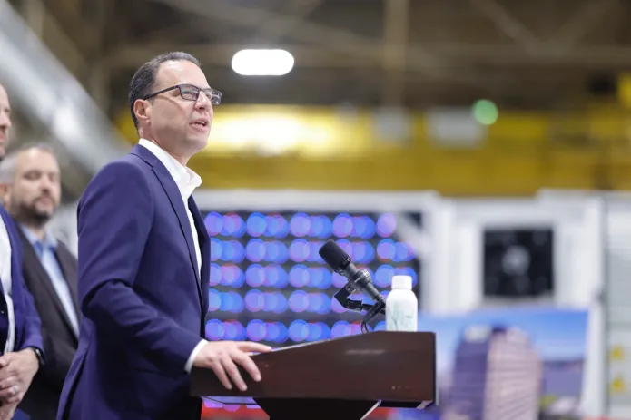 Gov. Josh Shapiro (D-PA) speaks at a podium.
