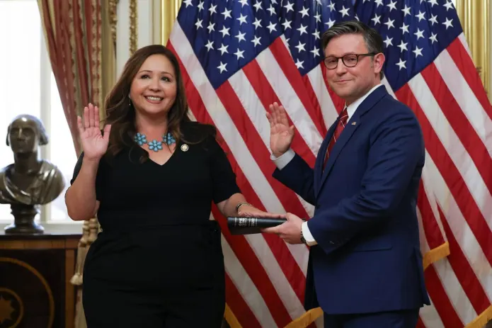 Rep. Adelita Grijalva (D-AZ) is sworn in by Speaker Mike Johnson (R-LA) after being in Congressional limbo for almost two months. 