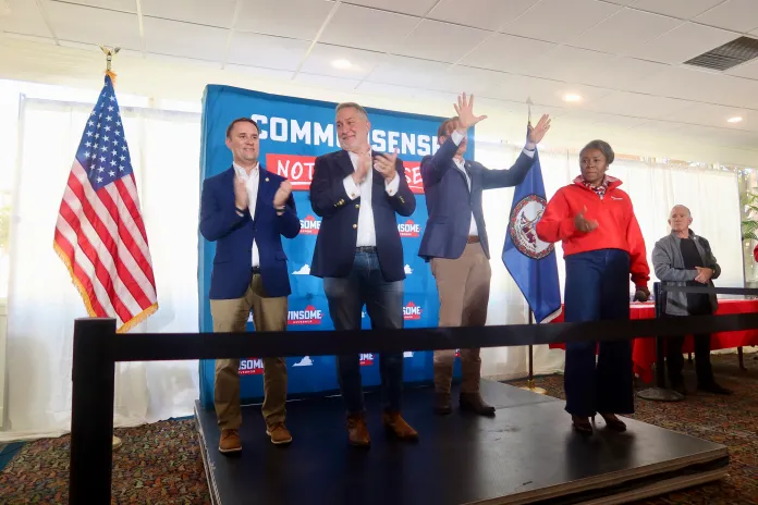 Lt. Gov. Winsome Earle-Sears, Gov. Glenn Youngkin, Attorney General Jason Miyares, and Republican lieutenant governor candidate John Reid appear together at a campaign rally in Roanoke, Virginia, on Monday. (Samantha-Jo Roth, Washington Examiner).
