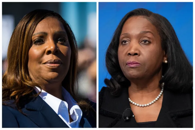 Side-by-side file images showing Letitia James and Lisa Cook, each photographed at separate public events.
