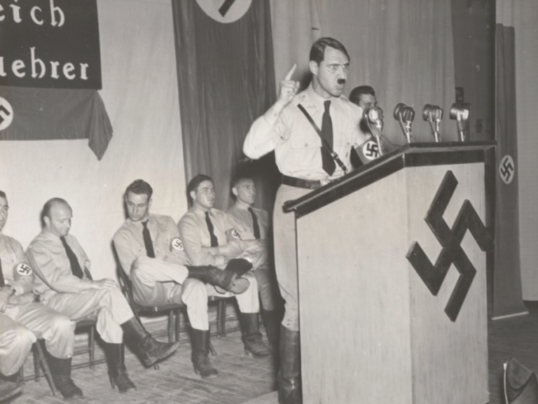 An actor plays German dictator Adolf Hitler during World War II training at Camp Ritchie.