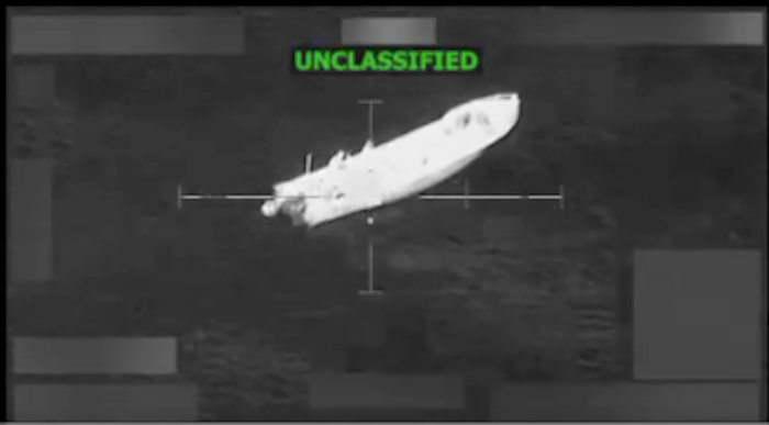 Screenshot of a purported U.S. military strike targeting an alleged drug smuggling vessel.