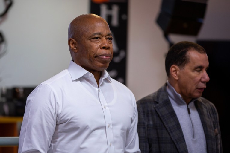 New York Mayor Eric Adams and former New York Gov. David Paterson at an Andrew Cuomo campaign event.