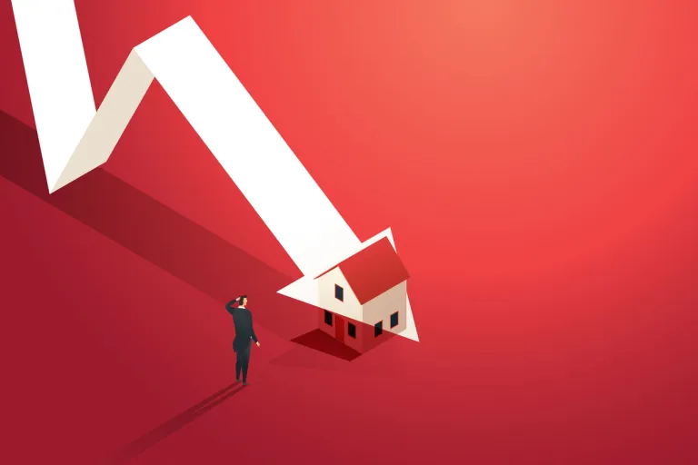 Businessman looks at a graph of the real estate market where the arrowhead is falling. recession Home prices fall in real estate and property market crash. isometric illustration vector.