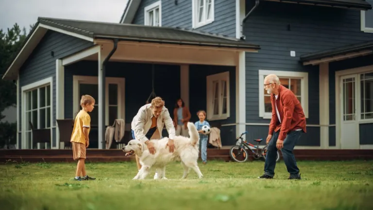 Family members spending leisure time in their front yard