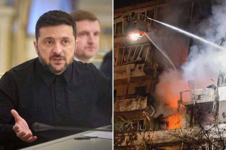 A collage of Ukrainian President Volodymyr Zelensky speaking and firefighters putting out a fire after a drone hit a multistory residential building.