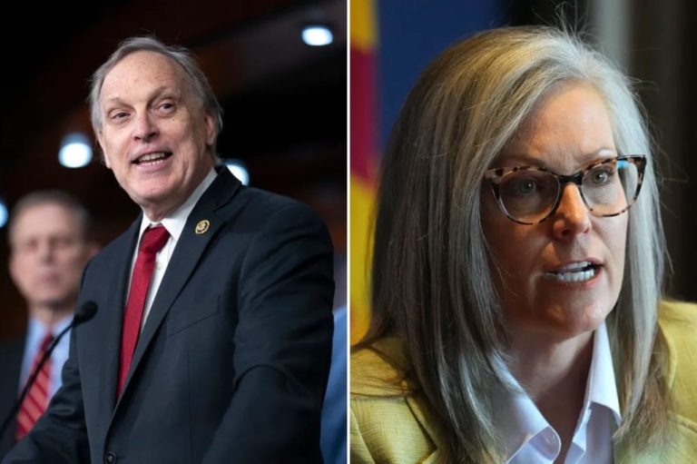 A collage of Rep. Andy Biggs (R-AZ) and Gov. Katie Hobbs (D-AZ).
