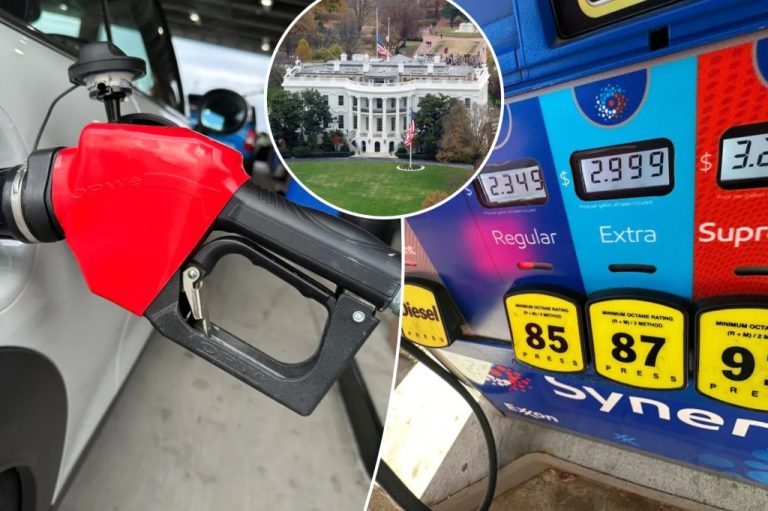 A Collage of the White House, a gas pump, and gas prices at a pump.