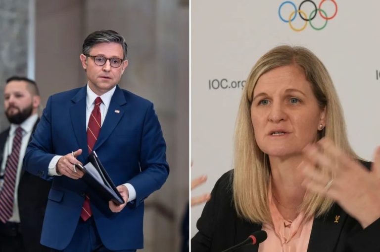 House Speaker Mike Johnson and IOC President Kirsty Coventry