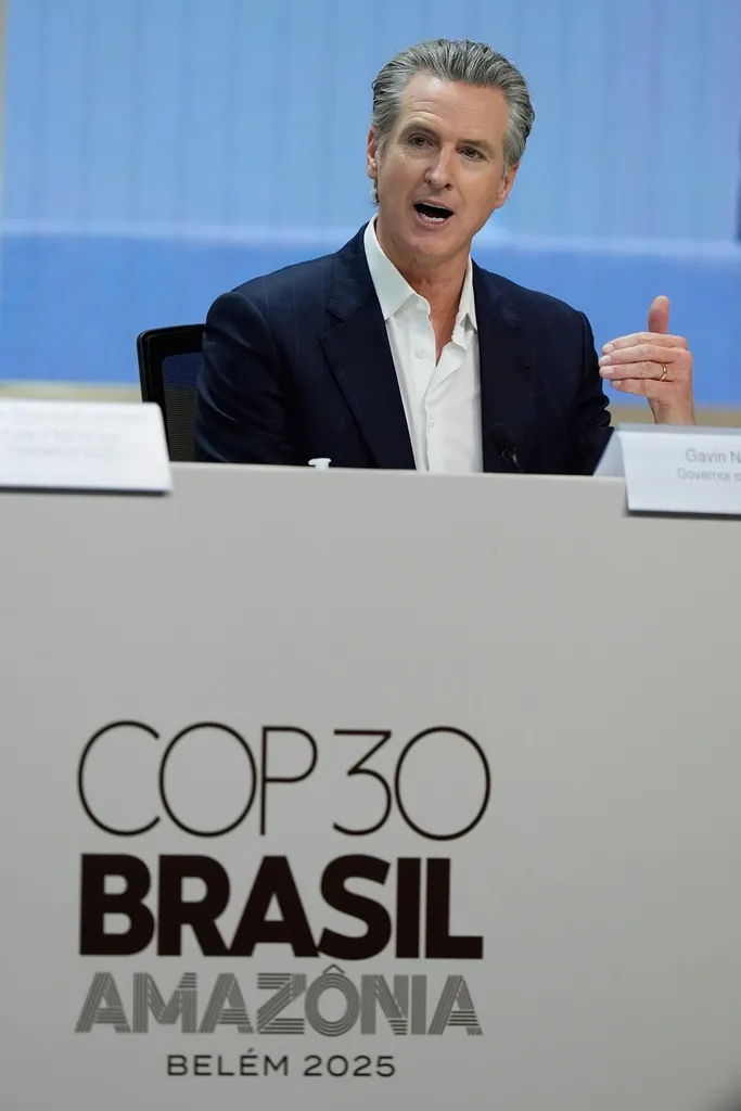 Gov. Gavin Newsom (D-CA) speaks during a news conference at the COP30 U.N. Climate Summit.