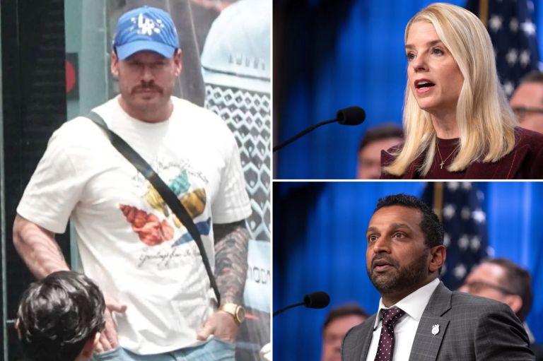 A collage of Ryan Wedding, a Canadian drug smuggler, and Attorney General Pam Bondi and FBI Director Kash Patel.