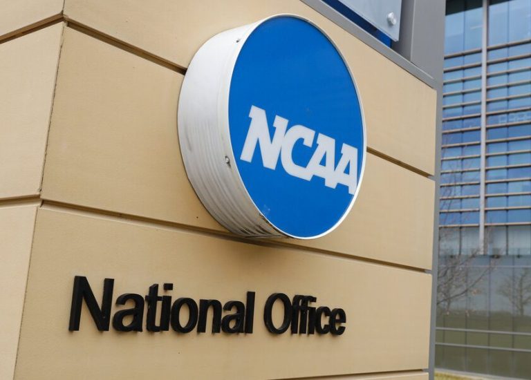 Signage at the headquarters of the NCAA.