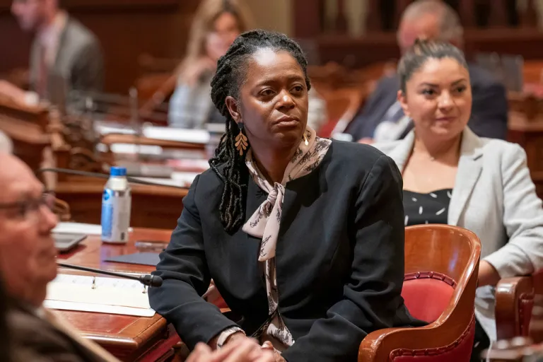 State Sen. Lola Smallwood-Cuevas, D-Los Angeles, listens to the discussion of a bill at the Capitol in Sacramento, Calif., Thursday, June 1, 2023.