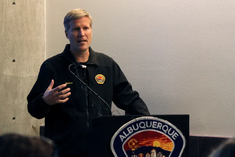Albuquerque Mayor Tim Keller speaks during a news conference.