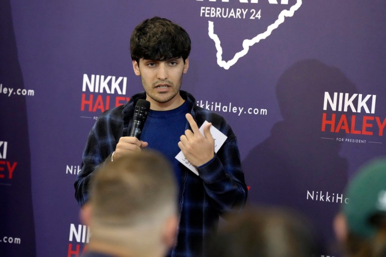 Nikki Haley's son, Nalin Haley, speaks into a microphone.