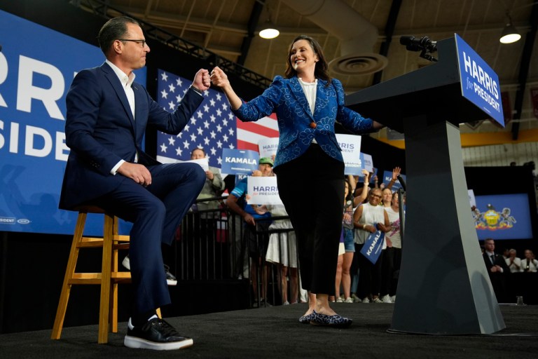 Pennsylvania Gov. Josh Shapiro and Michigan Gov. Gretchen Whitmer take part in a campaign event for Democratic presidential candidate Vice President Kamala Harris in Ambler, Pa., Monday, July 29, 2024.