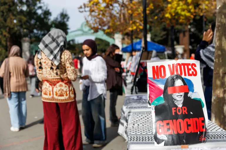 Students protest Vice President Kamala Harris in Sproul Plaza at UC Berkeley on Election Day, Tuesday, Nov. 5, 2024, in Berkeley, Calif.