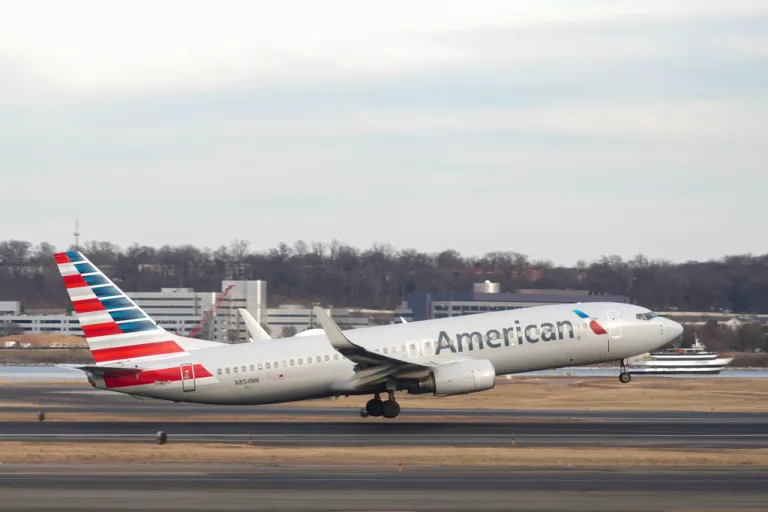 An American Airlines plane takes off from Ronald Reagan Washington National Airport.