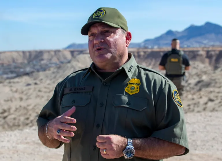Border Patrol Chief Michael Banks speaks to reporters during the visit to the US-Mexico border by Defense Secretary Pete Hegseth in Sunland Park, N.M., Monday, Feb. 3, 2025. (AP Photo/Andres Leighton)
