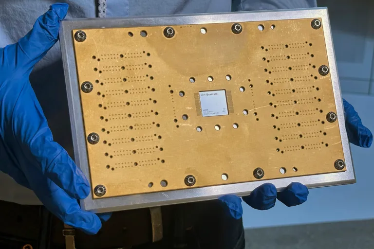 An IBM Heron quantum processor chip is in a circuit board at IBM headauarters in Yorktown Heights, New York, on Wednesday, March 5, 2025.