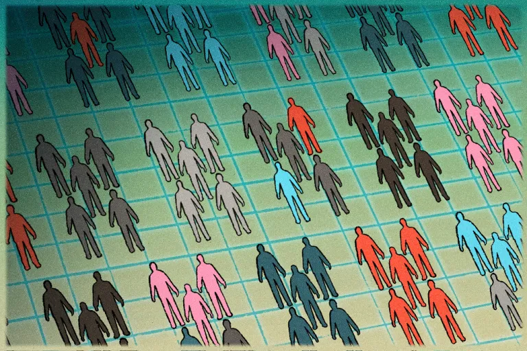 Groups of similarly colored individuals groups together, Anti-DEI illustration.