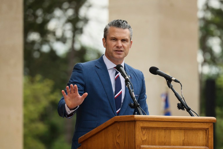 Pete Hegseth delivers a speech at the US cemetery to commemorate the 81st anniversary of the D-Day landings.