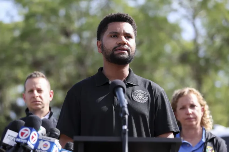 Rep. Maxwell Frost (D-FL) speaks outside the migrant detention facility dubbed 