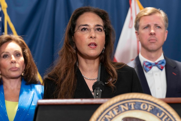 Assistant Attorney General for Civil Rights Harmeet Dhillon speaks during a news conference on charges related to the deadly shooting of Israeli Embassy staff during a news conference at the Attorney General's office for the District of Columbia in Washington, Thursday, Aug. 7, 2025. (AP Photo/Jose Luis Magana)