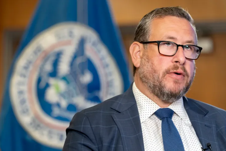 Director of U.S. Citizenship and Immigration Services Joseph Edlow speaks during an interview with the Associated Press at the agency's headquarters Monday, Sept. 8, 2025, in Camp Springs, Md. (AP Photo/Mark Schiefelbein)