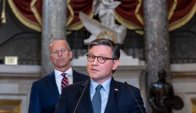 Speaker of the House Mike Johnson, R-La., and Senate Majority Leader John Thune, R-S.D., left, talk with reporters in Statuary Hall on the third day of the government shutdown, at the Capitol in Washington, Friday, Oct. 3, 2025. (AP Photo/J. Scott Applewhite)