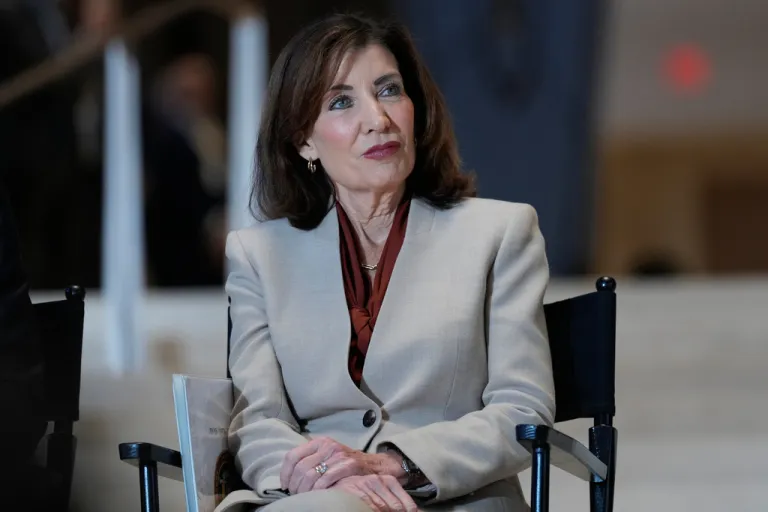 New York Governor Kathy Hochul participates in a ribbon cutting ceremony at the new JPMorgan Chase offices in New York.