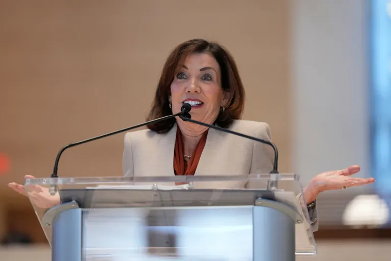 New York Governor Kathy Hochul speaks during a ribbon cutting ceremony at the new JPMorgan Chase offices in New York, Tuesday, Oct. 21, 2025.