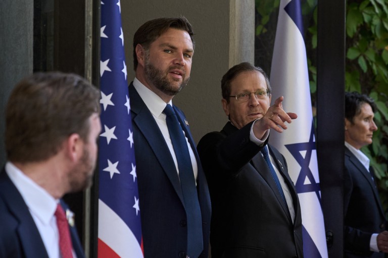 U.S. Vice President JD Vance, left, stands next to the Israeli President Isaac Herzog after a meeting at the presidential residence, in Jerusalem, Wednesday, Oct. 22, 2025. (AP Photo/Leo Correa, Pool)