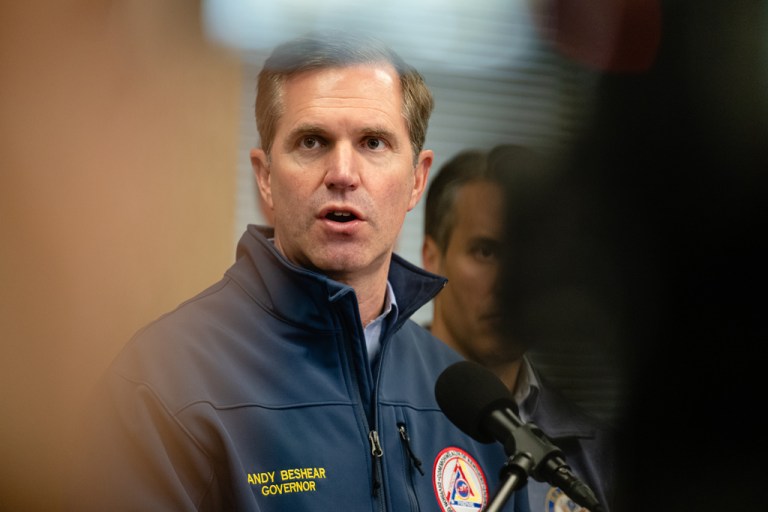 Gov. Andy Beshear (D-KY) speaks about the crash of UPS flight 2976 during a press conference.