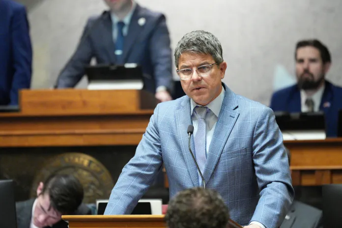 Indiana Senate President Pro Tempore Rodric Bray speaks in the Senate chamber at the Statehouse