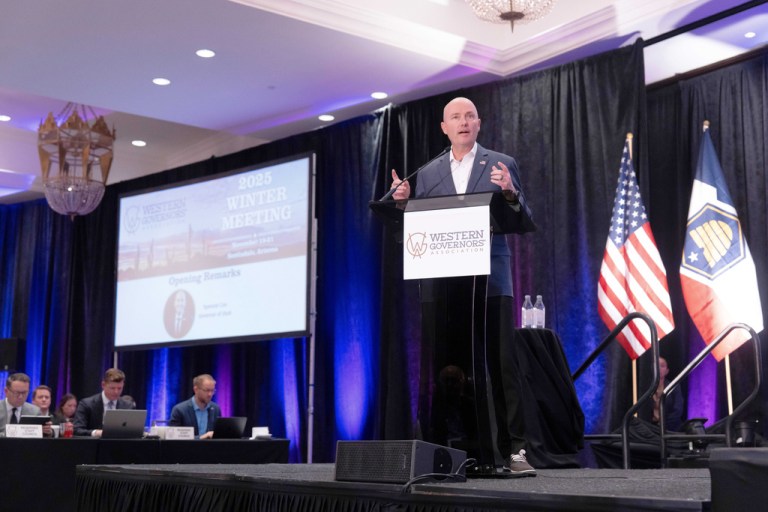 Utah Gov. Spencer Cox speaks during the Western Governors' Association meeting Thursday, Nov. 20, 2025, in Scottsdale, Ariz.