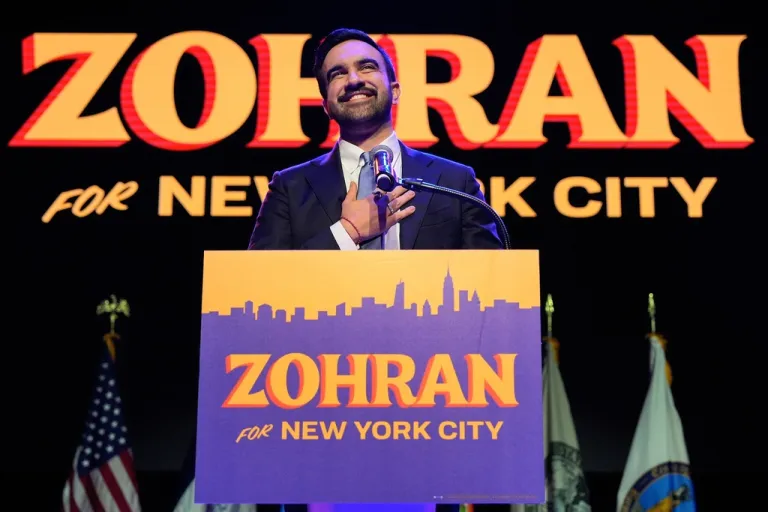 Zohran Mamdani speaks during a victory speech at a mayoral election night watch party,