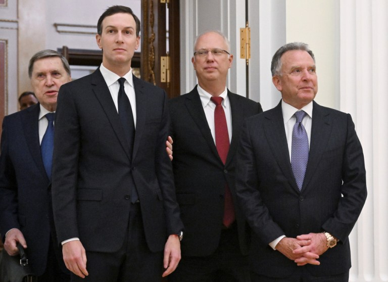 U.S. special envoy Steve Witkoff, right, Russian Presidential foreign policy adviser Yuri Ushakov, left, Russian Direct Investment Fund CEO Special Presidential Representative for Investment and Economic Cooperation with Foreign Countries Kirill Dmitriev, second right, and Jared Kushner, U.S. President Donald Trump's son-in-law, arrive to meet Russian President Vladimir Putin at the Senate Palace of the Kremlin in Moscow, Russia, Tuesday, Dec. 2, 2025.